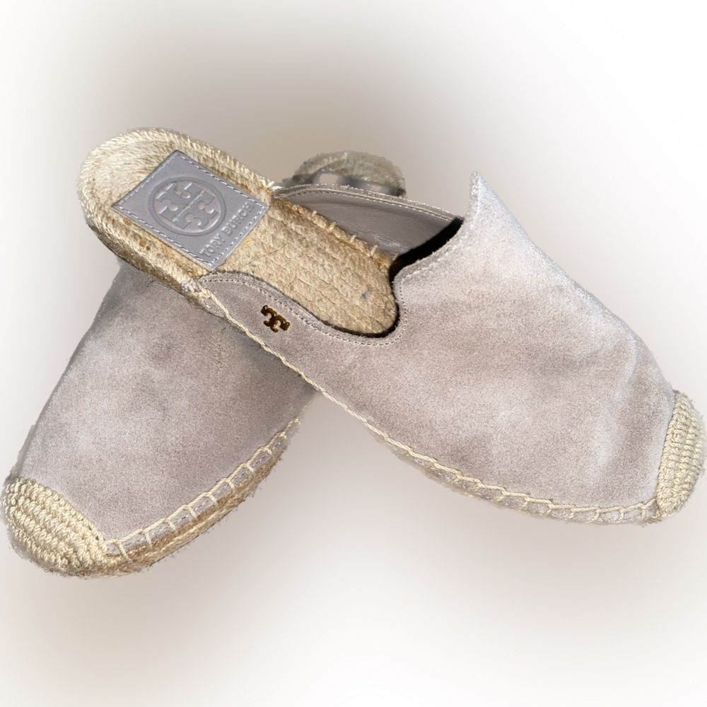 TORY BURCH Max Espadrille Mule Dust Storm Gray Taupe Flats Suede Womens 8 Tan